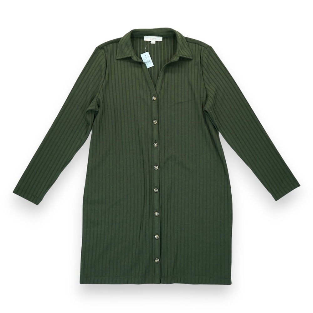 NWT Loft Women's Ribbed Mini Shirt Dress Green Size 14P Petites Long Sleeve